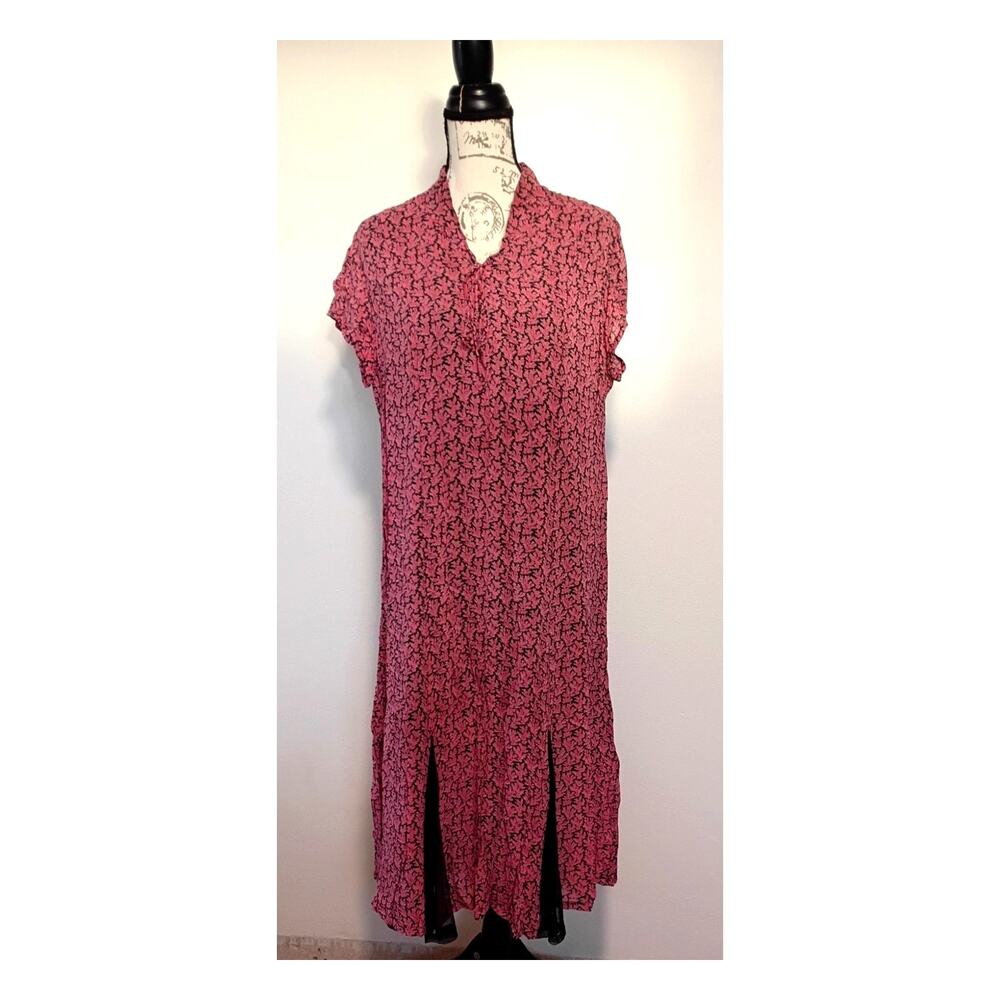 April Cornell Red‎ Floral Midi Dress Mesh Insert Short Sleeve V-Neck Tie Size L